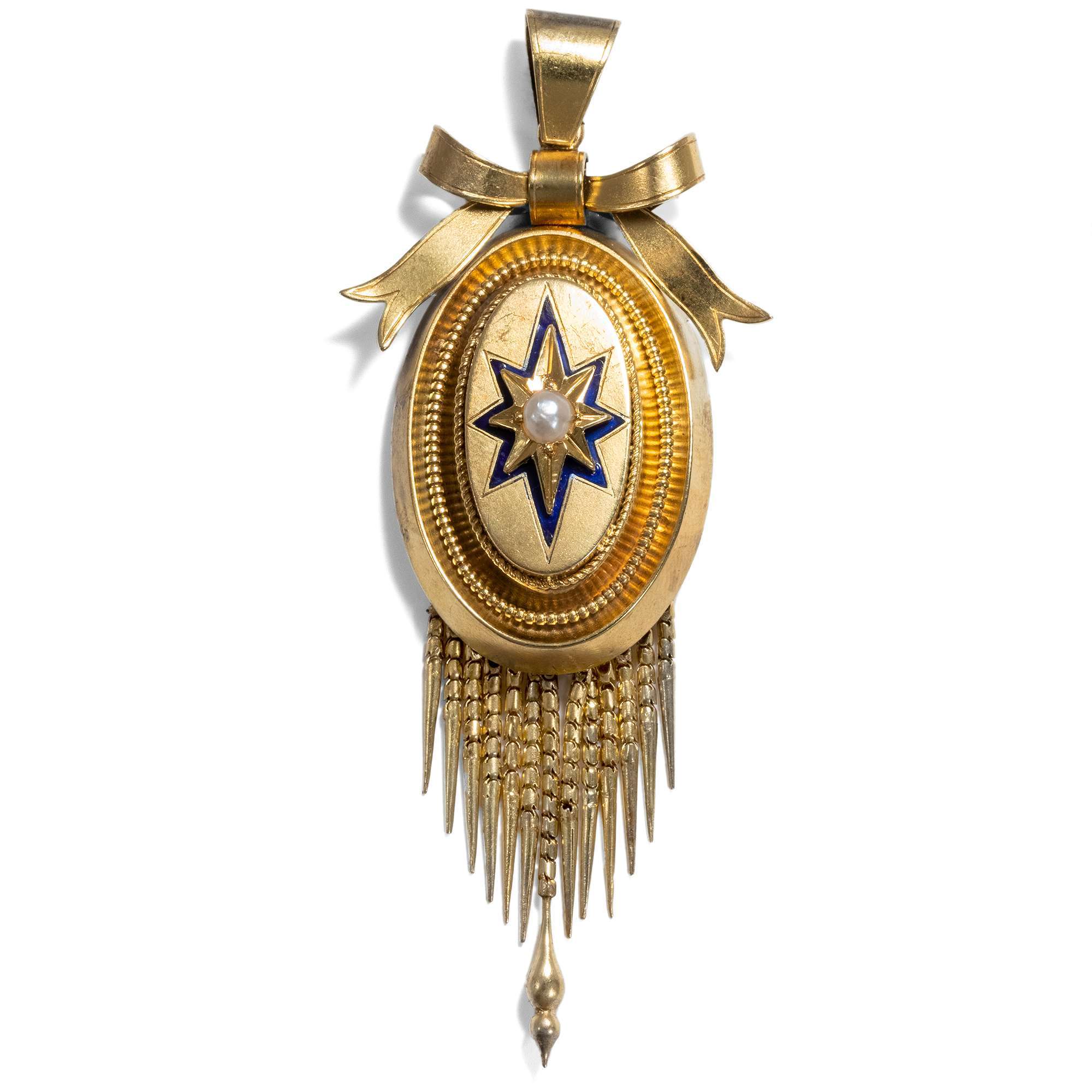 614266-hofer-antikschmuck-Viktorianischer-Medaillon-Anhaenger-mit-Perle-und-blauem-Email-auf-Gold-um-1875-Nahe-am-Herzen