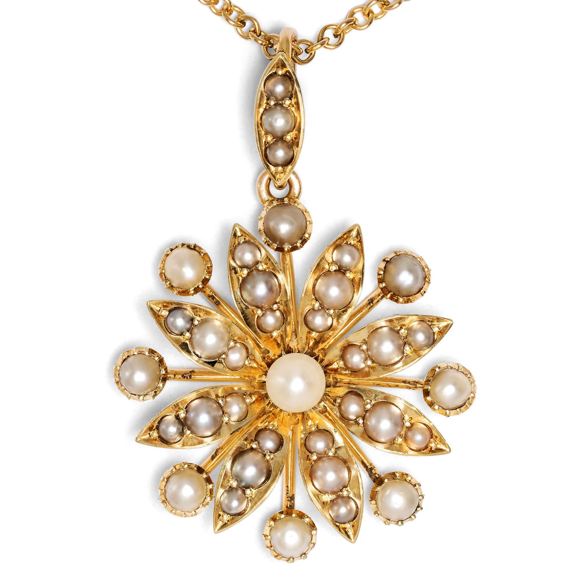 626738-hofer-antikschmuck-Viktorianischer-Perlen-Anhaenger-in-Gold-an-Kette-England-um-1900-Bezaubernde-Bluete