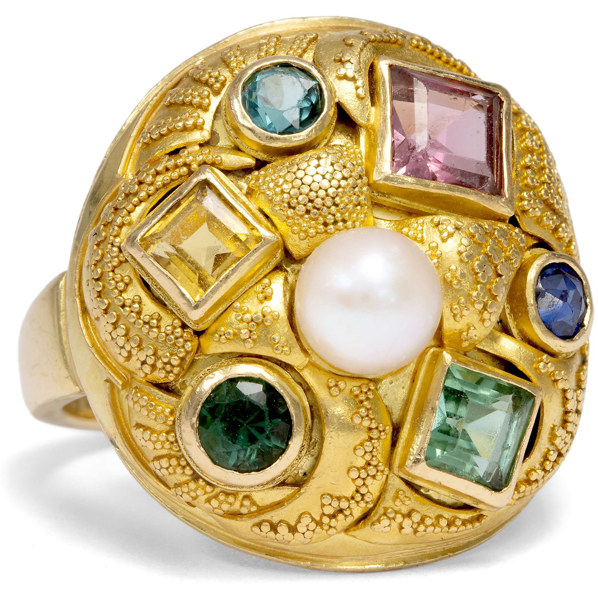 627471-hofer-antikschmuck-Vintage-Gemuesering-mit-Perle-und-Farbedelsteinen-in-Gold-um-1950-Gartengefluester