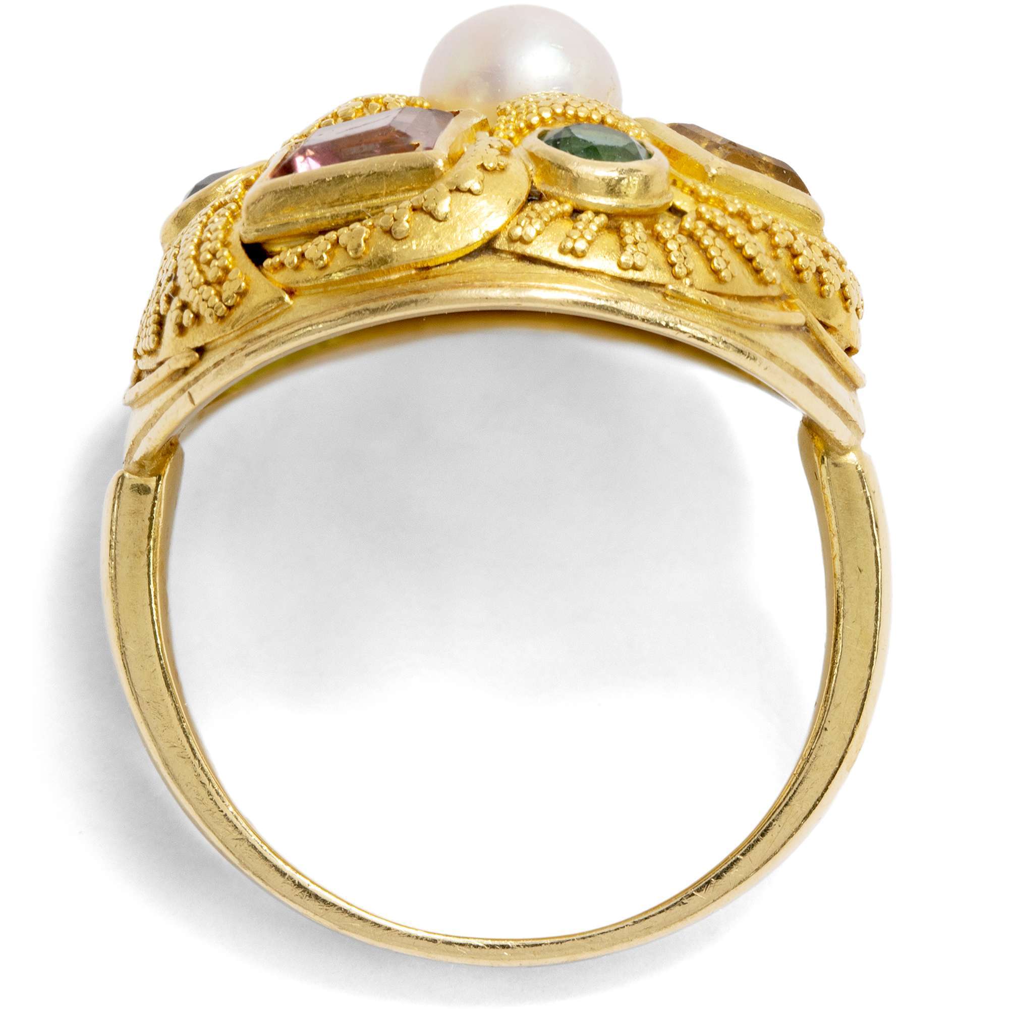 627471-hofer-antikschmuck-Vintage-Gemuesering-mit-Perle-und-Farbedelsteinen-in-Gold-um-1950-Gartengefluester_2
